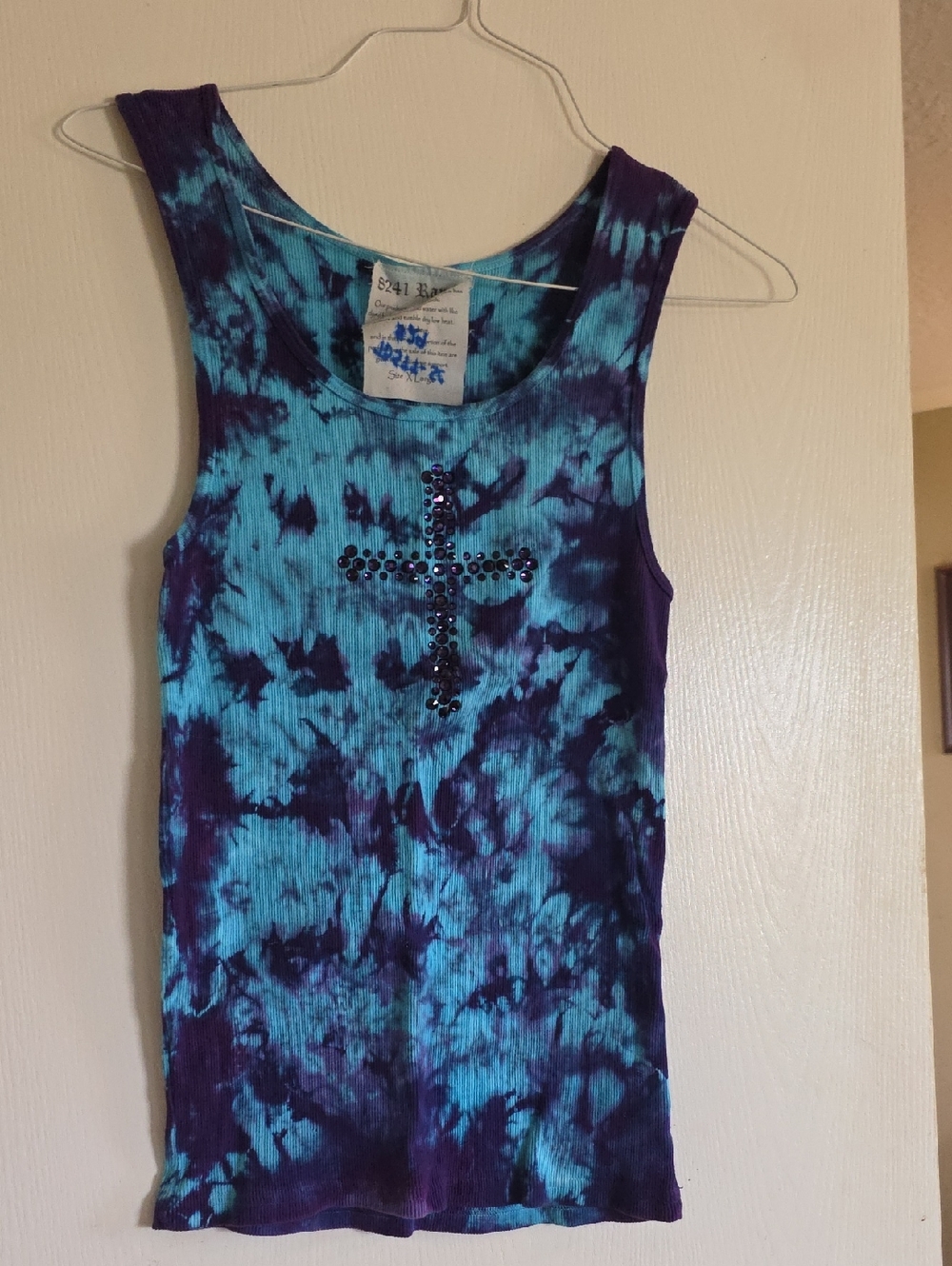 Tie-Dye Blue & Purple Ribbed Tank Top with Studded Cross